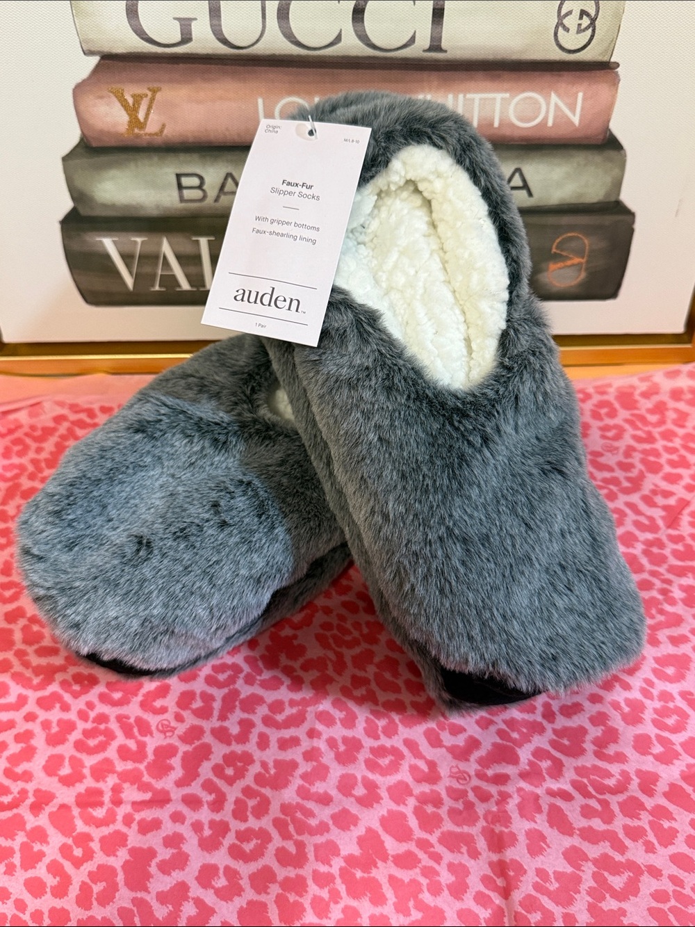Auden Plush Faux-Fur Slipper Socks in Gray with Cream Lining